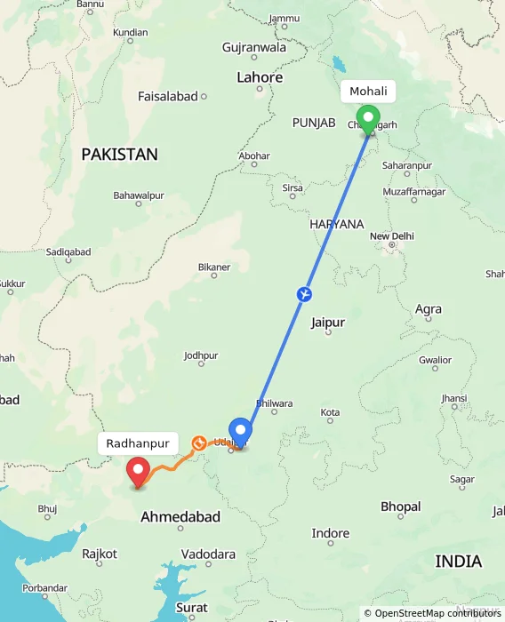 Route map showing distance and travel time from Mohali, India to Radhanpur, India