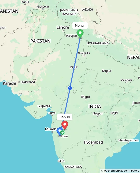Route map showing distance and travel time from Mohali, India to Rahuri, India