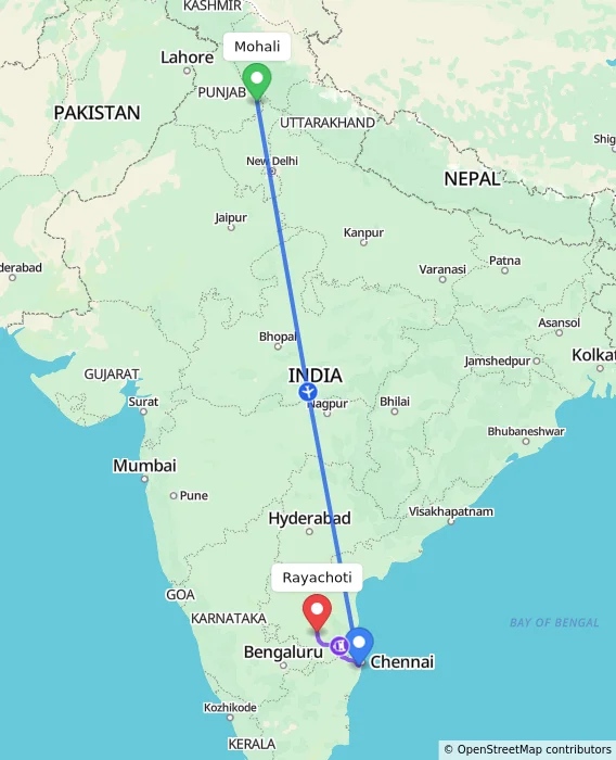 Route map showing distance and travel time from Mohali, India to Rayachoti, India