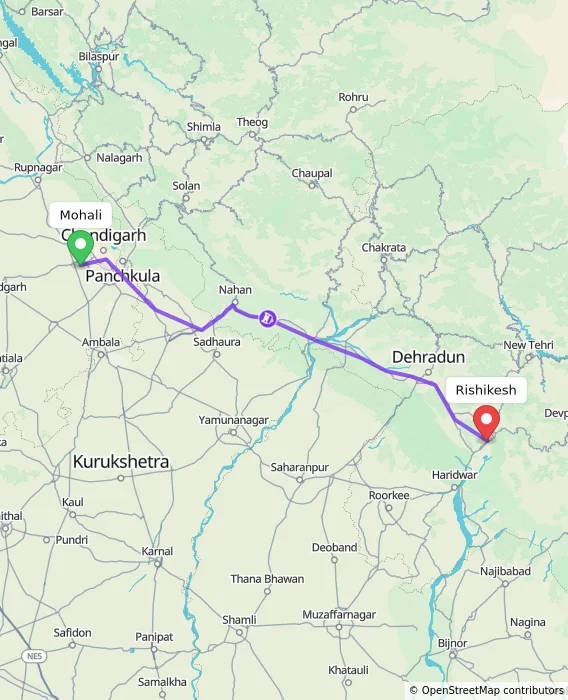 Route map showing distance and travel time from Mohali, India to Rishikesh, India