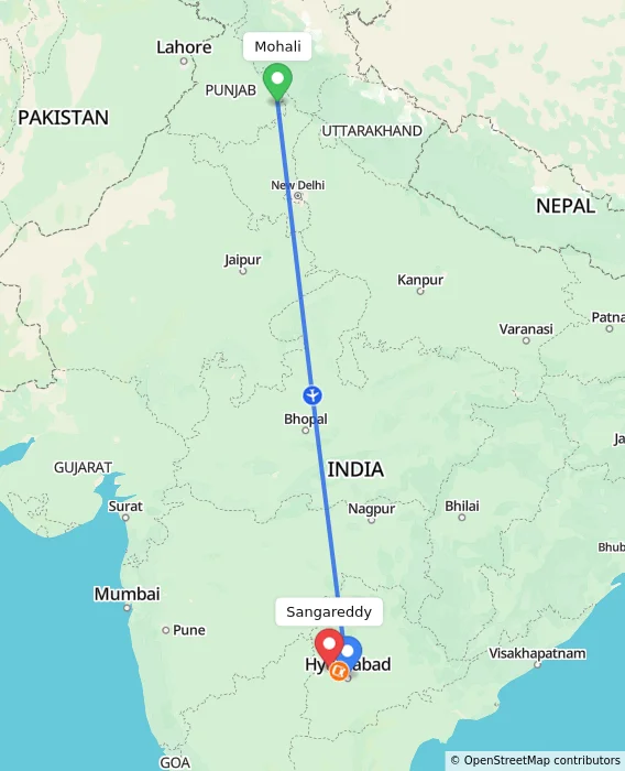 Route map showing distance and travel time from Mohali, India to Sangareddy, India