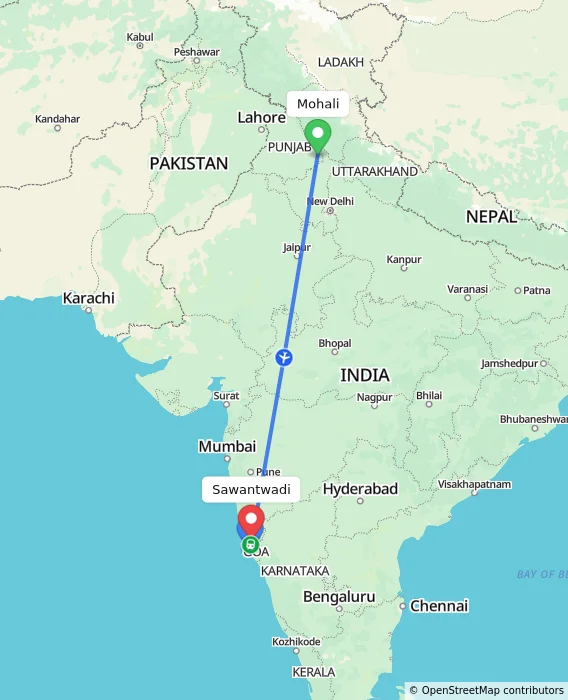 Route map showing distance and travel time from Mohali, India to Sawantwadi, India