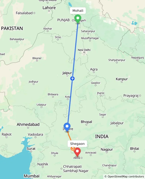 Route map showing distance and travel time from Mohali, India to Shegaon, India