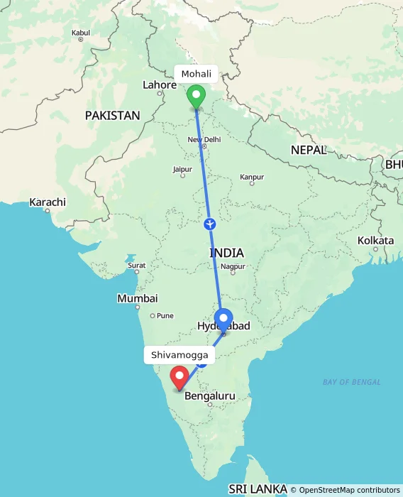 Route map showing distance and travel time from Mohali, India to Shivamogga, India