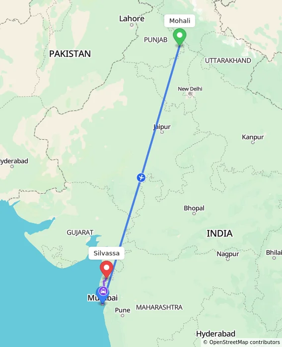 Route map showing distance and travel time from Mohali, India to Silvassa, India
