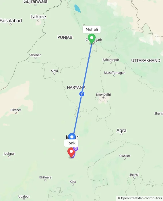 Route map showing distance and travel time from Mohali, India to Tonk, India