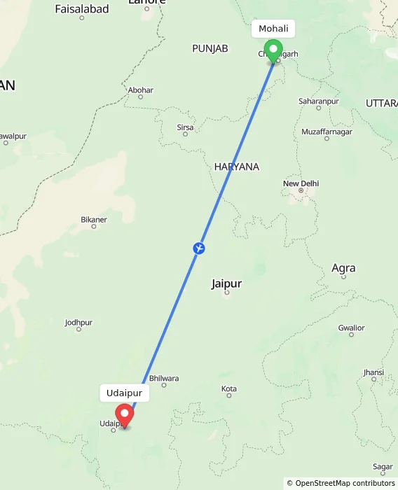 Route map showing distance and travel time from Mohali, India to Udaipur, India