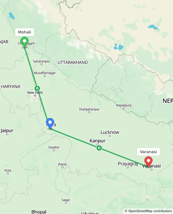 Route map showing distance and travel time from Mohali, India to Varanasi, India