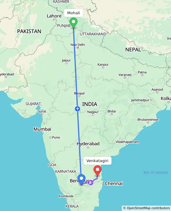 Route map showing distance and travel time from Mohali, India to Venkatagiri, India