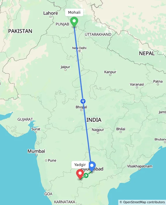 Route map showing distance and travel time from Mohali, India to Yadgir, India