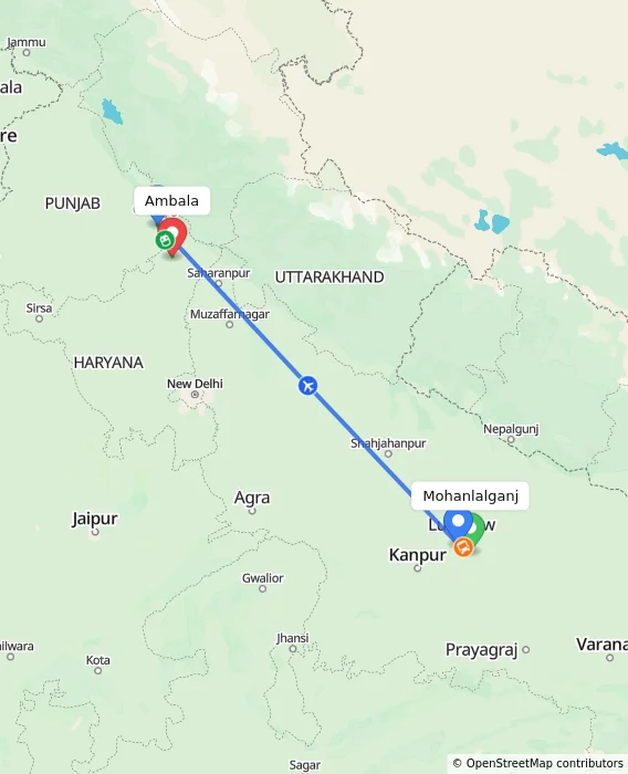 Route map showing distance and travel time from Mohanlalganj, India to Ambala, India
