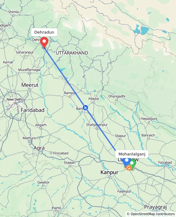 Route map showing distance and travel time from Mohanlalganj, India to Dehradun, India