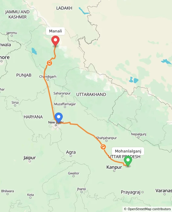 Route map showing distance and travel time from Mohanlalganj, India to Manali, India