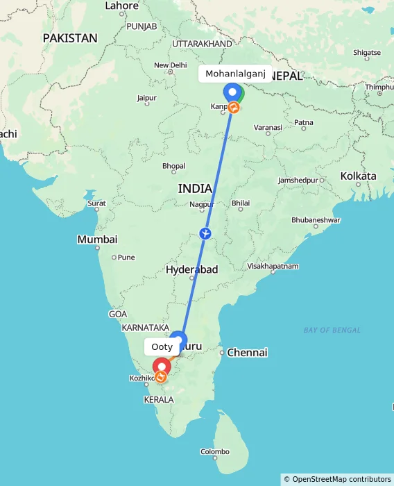 Route map showing distance and travel time from Mohanlalganj, India to Ooty, India
