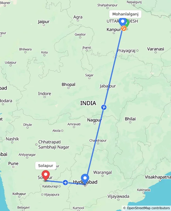 Route map showing distance and travel time from Mohanlalganj, India to Solapur, India