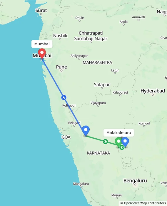 Route map showing distance and travel time from Molakalmuru, India to Mumbai, India