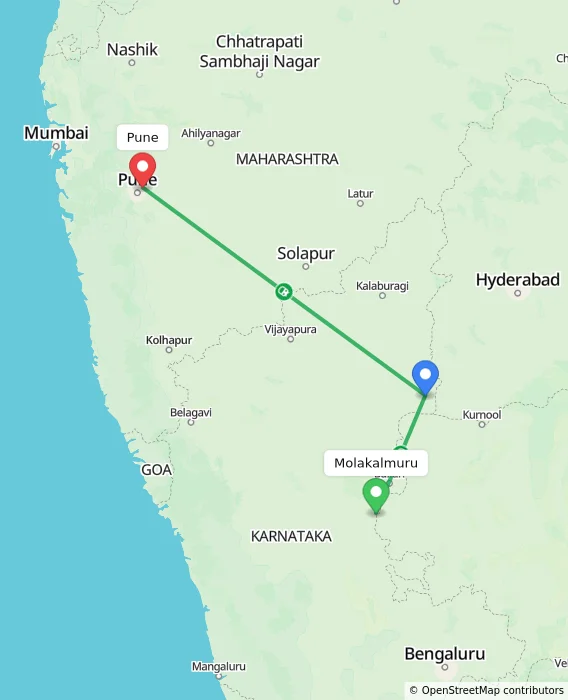 Route map showing distance and travel time from Molakalmuru, India to Pune, India