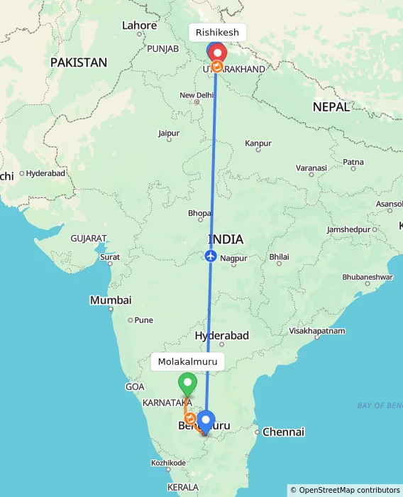 Route map showing distance and travel time from Molakalmuru, India to Rishikesh, India