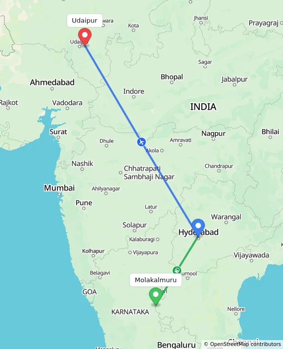 Route map showing distance and travel time from Molakalmuru, India to Udaipur, India