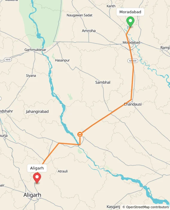 Route map showing distance and travel time from Moradabad, India to Aligarh, India