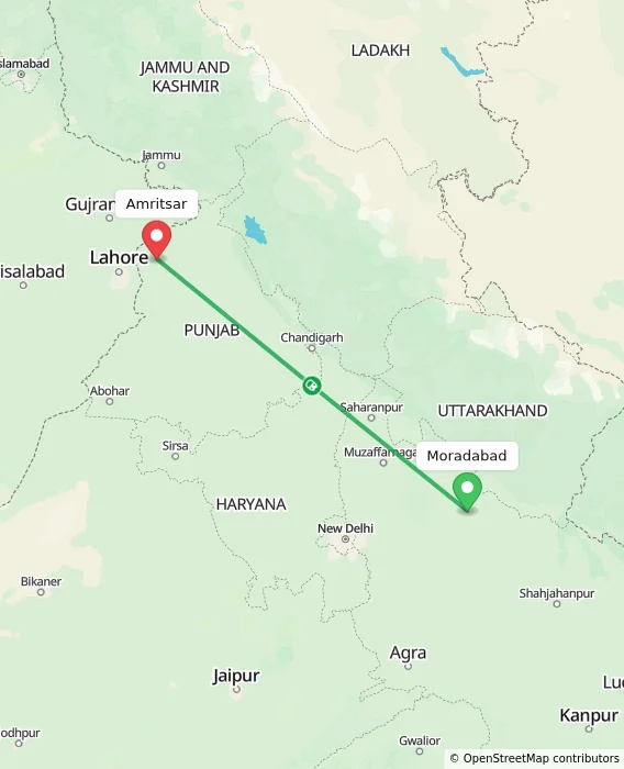 Route map showing distance and travel time from Moradabad, India to Amritsar, India