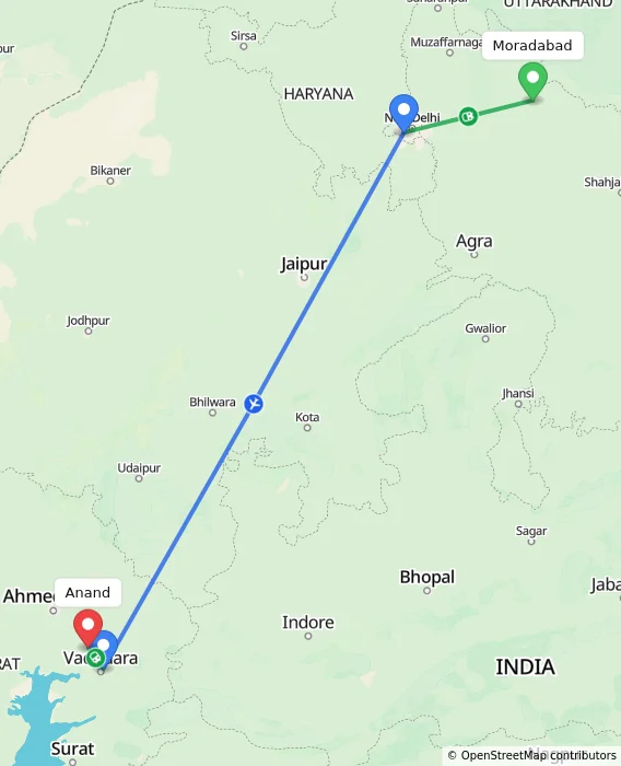 Route map showing distance and travel time from Moradabad, India to Anand, India