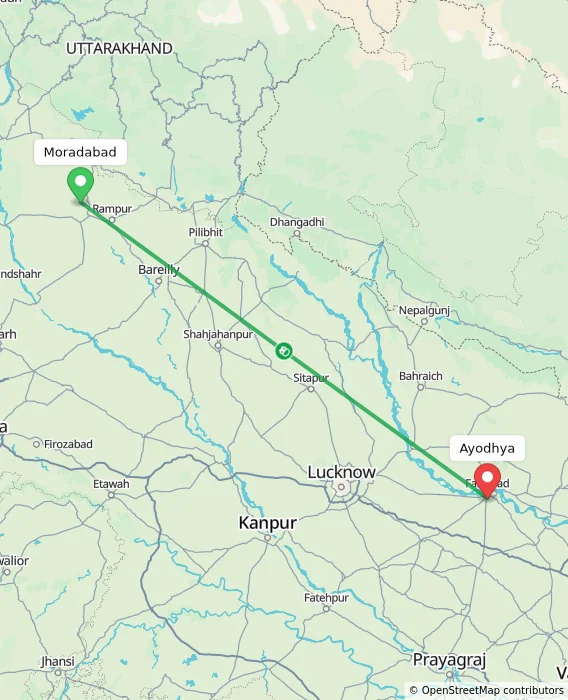Route map showing distance and travel time from Moradabad, India to Ayodhya, India