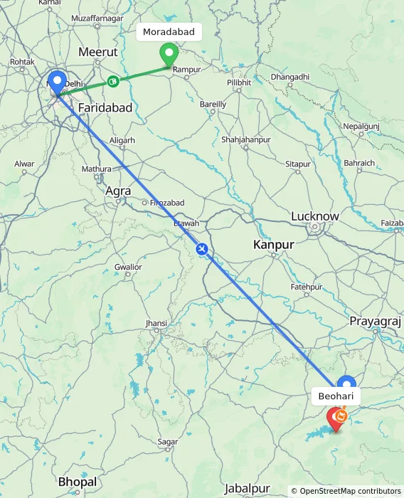 Route map showing distance and travel time from Moradabad, India to Beohari, India