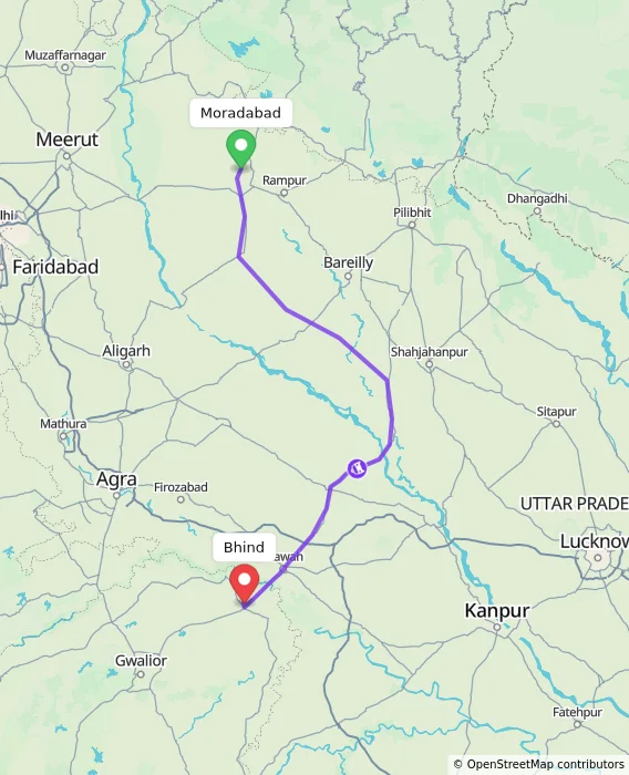Route map showing distance and travel time from Moradabad, India to Bhind, India
