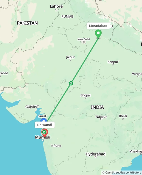 Route map showing distance and travel time from Moradabad, India to Bhiwandi, India
