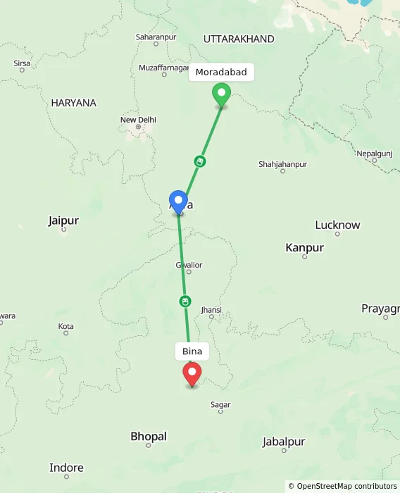 Route map showing distance and travel time from Moradabad, India to Bina, India