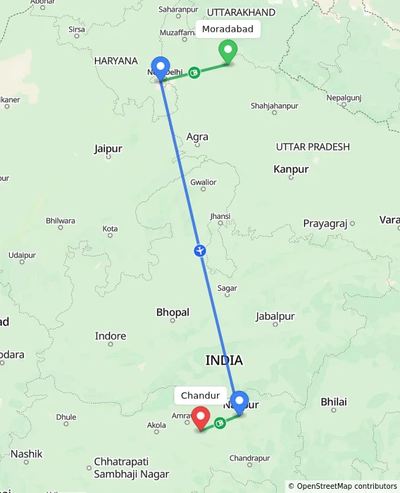 Route map showing distance and travel time from Moradabad, India to Chandur, India