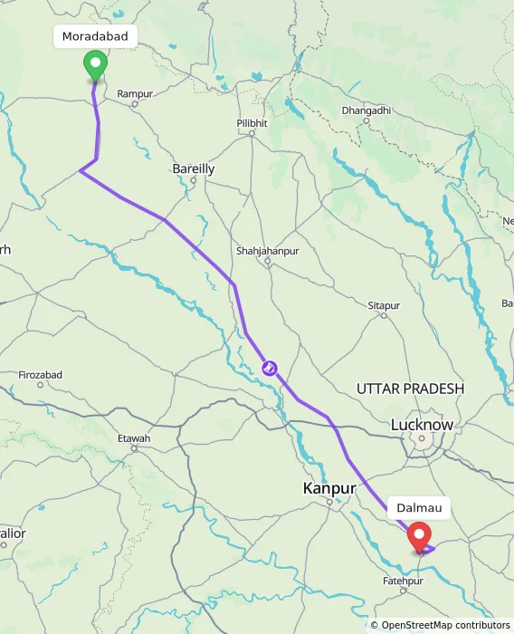 Route map showing distance and travel time from Moradabad, India to Dalmau, India
