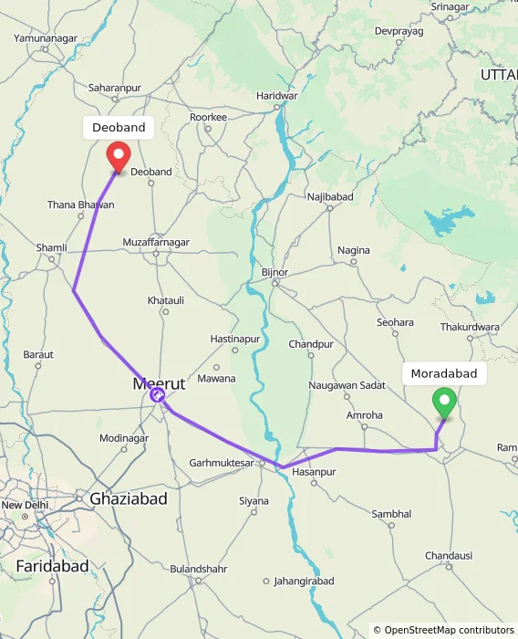 Route map showing distance and travel time from Moradabad, India to Deoband, India