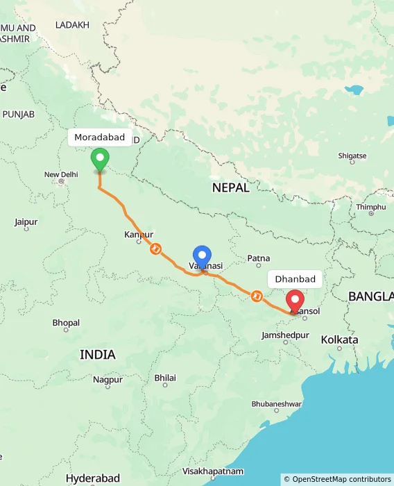 Route map showing distance and travel time from Moradabad, India to Dhanbad, India