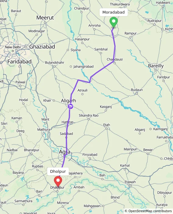 Route map showing distance and travel time from Moradabad, India to Dholpur, India