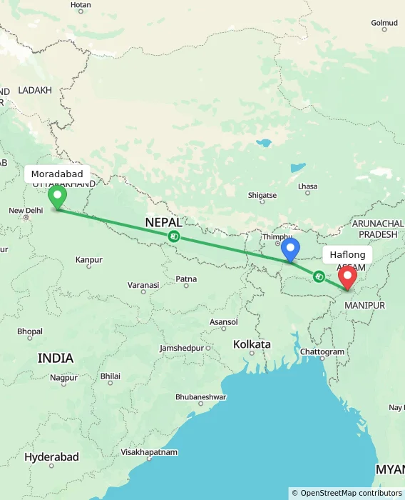 Route map showing distance and travel time from Moradabad, India to Haflong, India