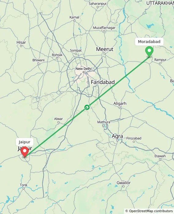Route map showing distance and travel time from Moradabad, India to Jaipur, India