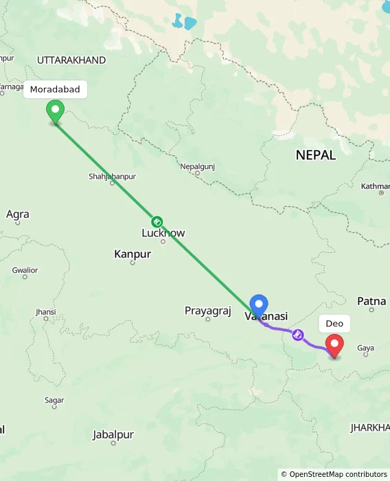 Route map showing distance and travel time from Moradabad, India to Deo, India