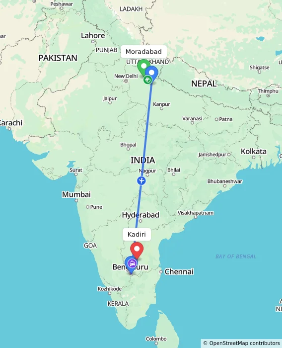 Route map showing distance and travel time from Moradabad, India to Kadiri, India