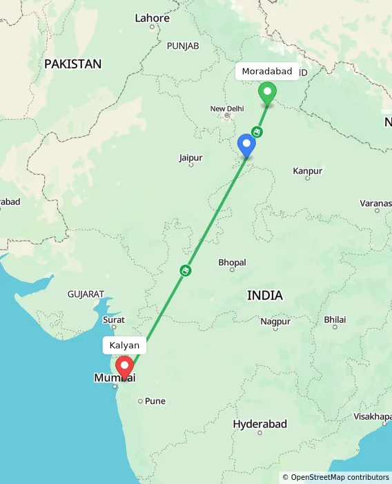 Route map showing distance and travel time from Moradabad, India to Kalyan, India