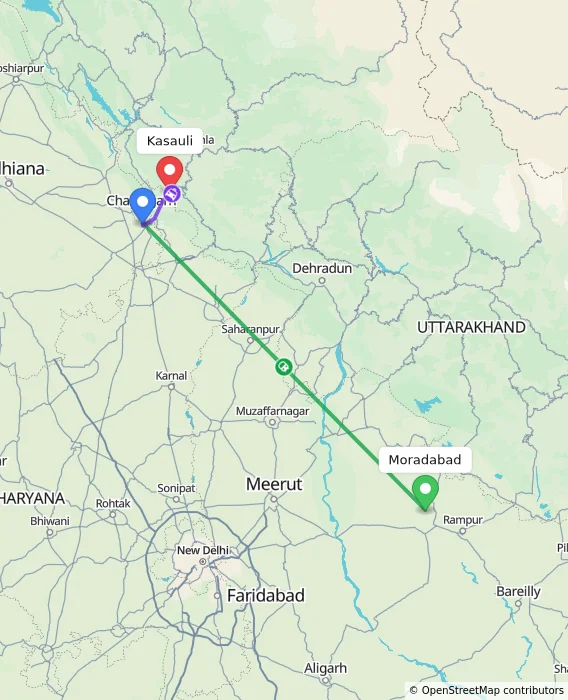 Route map showing distance and travel time from Moradabad, India to Kasauli, India