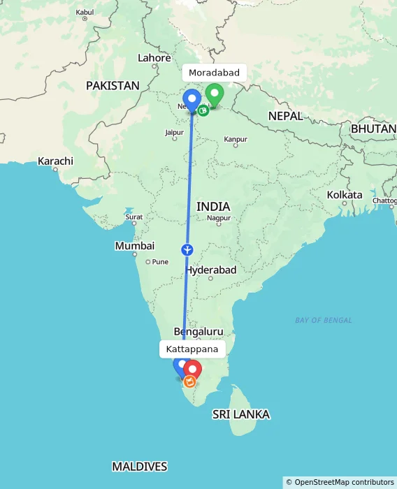 Route map showing distance and travel time from Moradabad, India to Kattappana, India