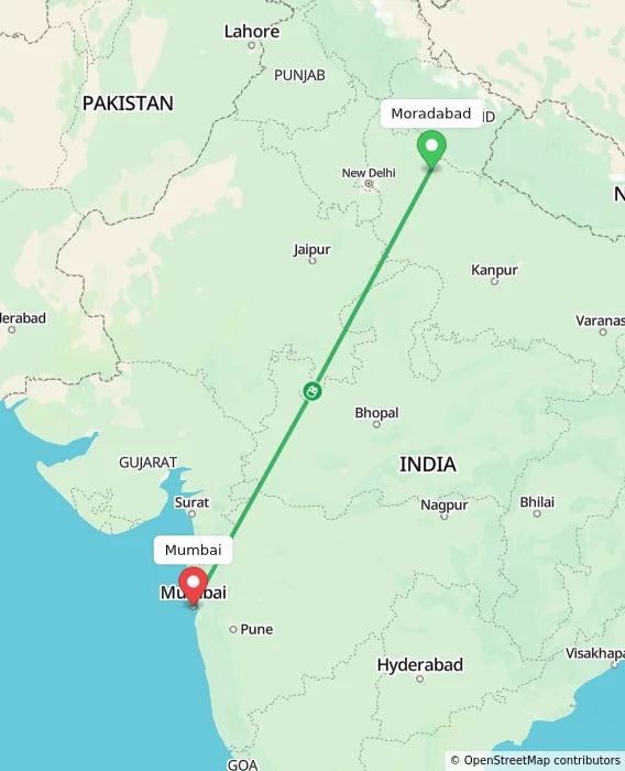 Route map showing distance and travel time from Moradabad, India to Mumbai, India