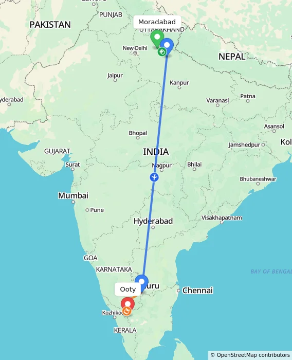 Route map showing distance and travel time from Moradabad, India to Ooty, India