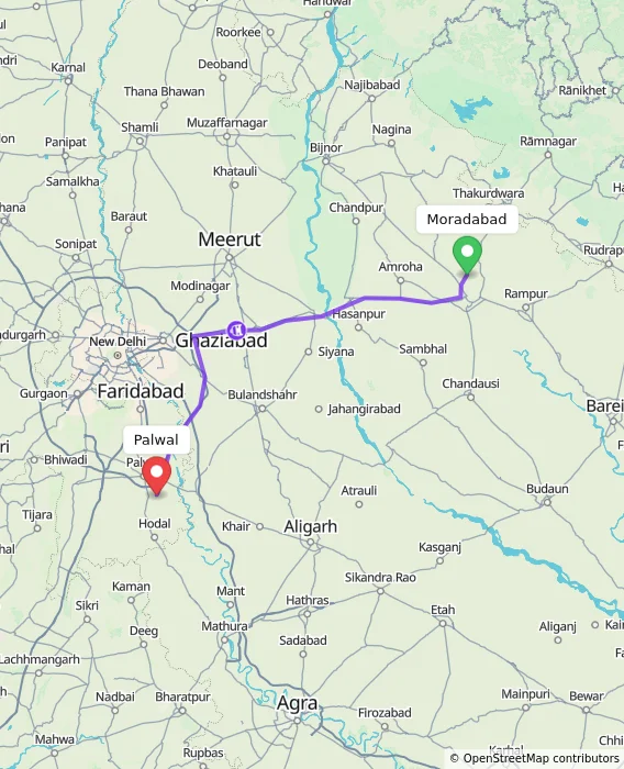 Route map showing distance and travel time from Moradabad, India to Palwal, India