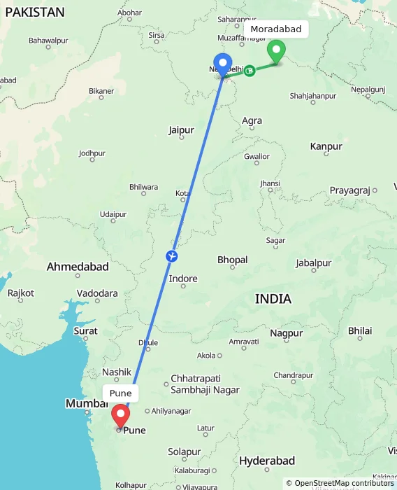 Route map showing distance and travel time from Moradabad, India to Pune, India