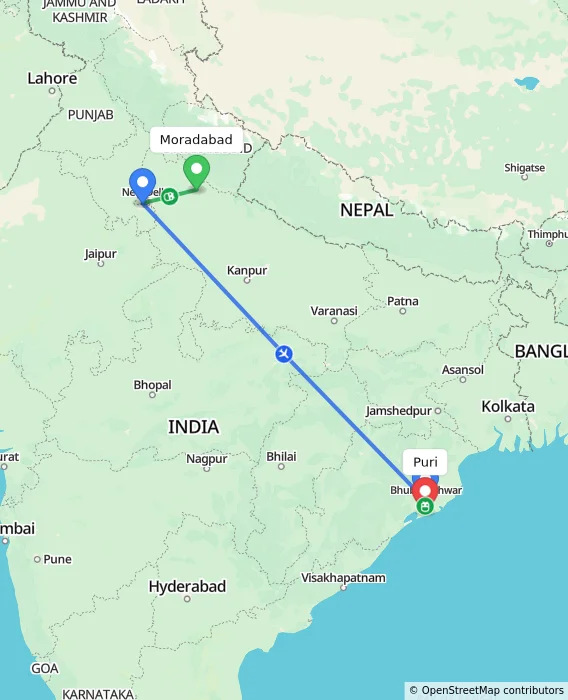 Route map showing distance and travel time from Moradabad, India to Puri, India