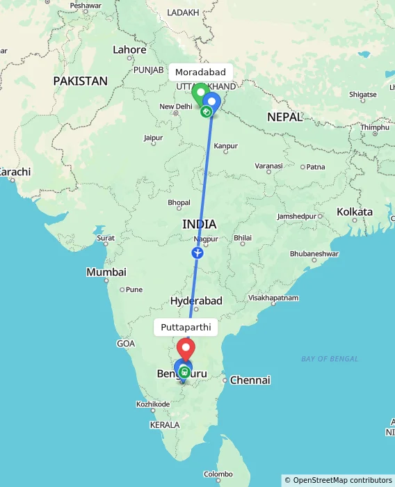 Route map showing distance and travel time from Moradabad, India to Puttaparthi, India