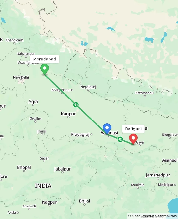 Route map showing distance and travel time from Moradabad, India to Rafiganj, India